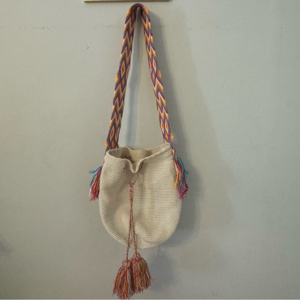 Ivory Woven Neon Tassel Bucket Thick Shoulder Bag Pink Blue Orange Purple